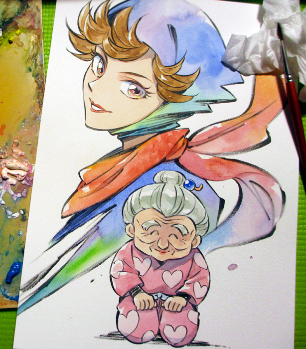 2girls, ^_^, agahari, age_comparison, art_brush, art_tools_in_frame, black_hood, brown_hair