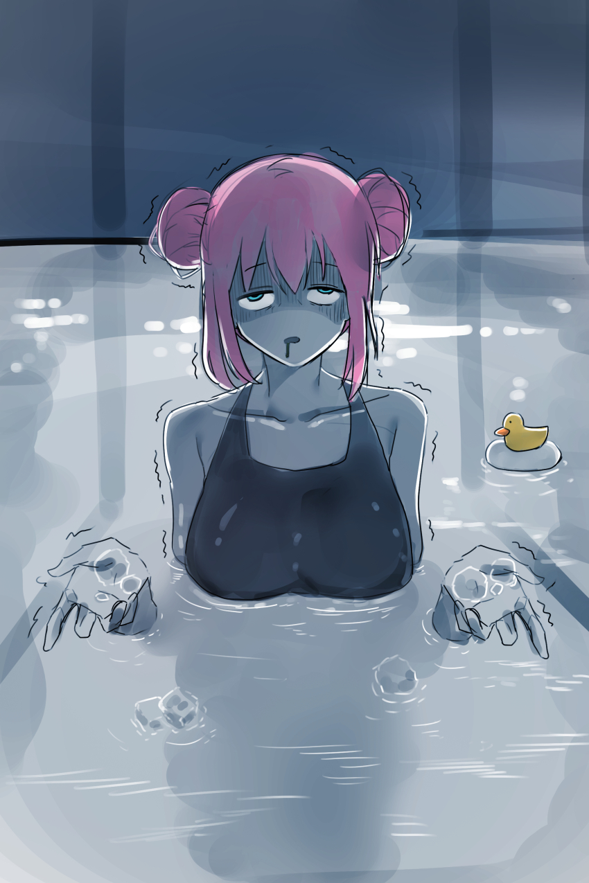 1girl, absurdres, blue_eyes, blue_one-piece_swimsuit, bocchi_the_rock!, breasts, chainsaw_man, commentary, competition_swimsuit, double_bun, drooling, gotoh_hitori, hair_bun, helseujang, highres, i'll_teach_you_everything_(chainsaw_man), korean_commentary, large_breasts, one-piece_swimsuit, partially_submerged, pink_hair, pool, rubber_duck, scene_reference, sidelocks, solo, swimsuit