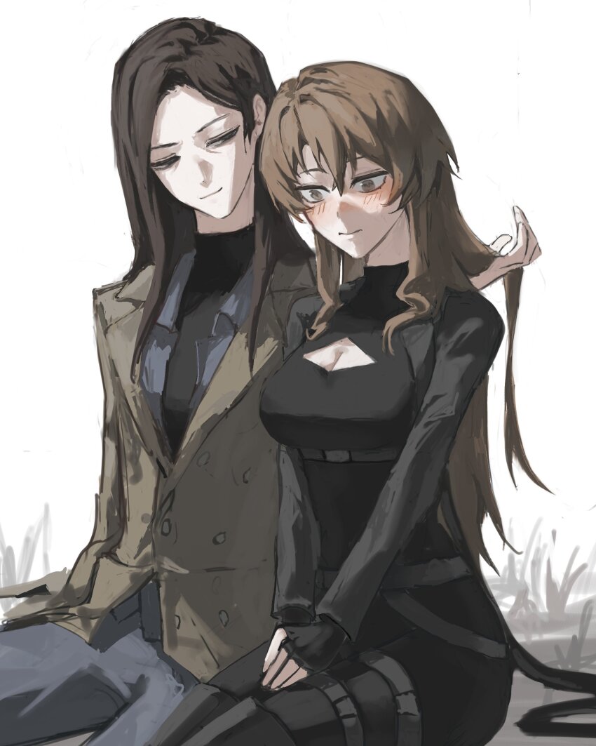 2girls, absurdres, age_difference, artist_request, black_gloves, black_pants, black_shirt, blurry, blurry_background, blush, breasts, brown_hair, brown_jacket, cleavage, cleavage_cutout, closed_mouth, clothing_cutout, collared_jacket, collared_shirt, commentary, couple, english_commentary, fingerless_gloves, gloves, grass, green_eyes, grey_pants, hair_between_eyes, head_tilt, height_difference, highres, holding_another's_hair, jacket, large_breasts, lee_sookyung, light_smile, long_hair, long_sleeves, looking_down, looking_to_the_side, multiple_girls, nervous, omniscient_reader's_viewpoint, outdoors, own_hands_together, pants, parted_bangs, shade, shirt, shy, sitting, straight_hair, surprised, wavy_hair, white_background, wide-eyed, yoo_sangah, yuri