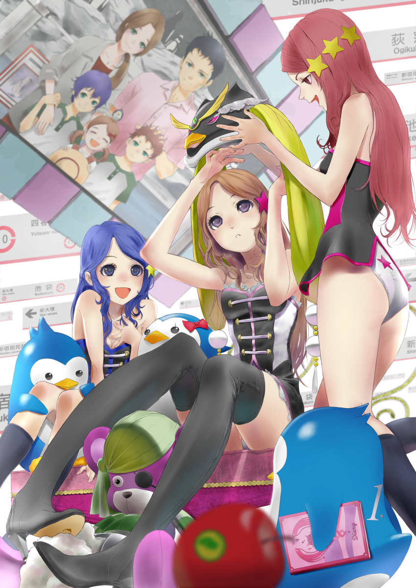 10s, 3girls, :d, absurdres, aged_down, alternate_universe, animal_hat, apple