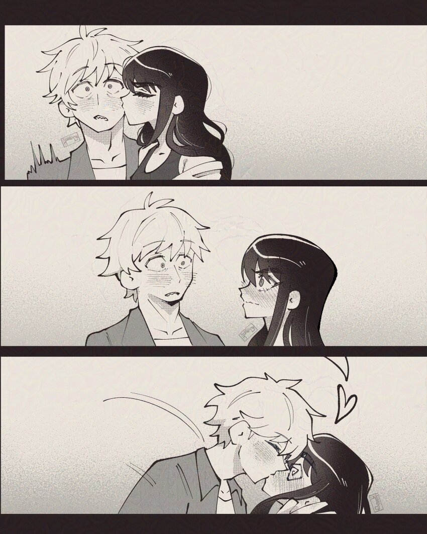 1boy, 1girl, @_@, absurdres, akaiguarts, blush, chainsaw_man, denji_(chainsaw_man)