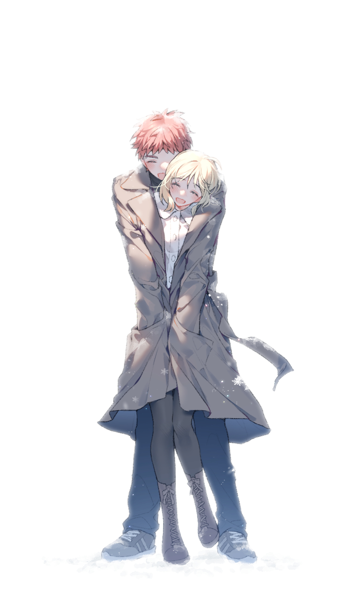 1boy, 1girl, artoria_pendragon_(fate), baboteolsegongsa, blonde_hair, blush, coat, couple, emiya_shirou, fate/stay_night, fate_(series), hetero, highres, hug, hug_from_behind, long_coat, pants, red_hair, saber_(fate), shoes, smile, tall_male