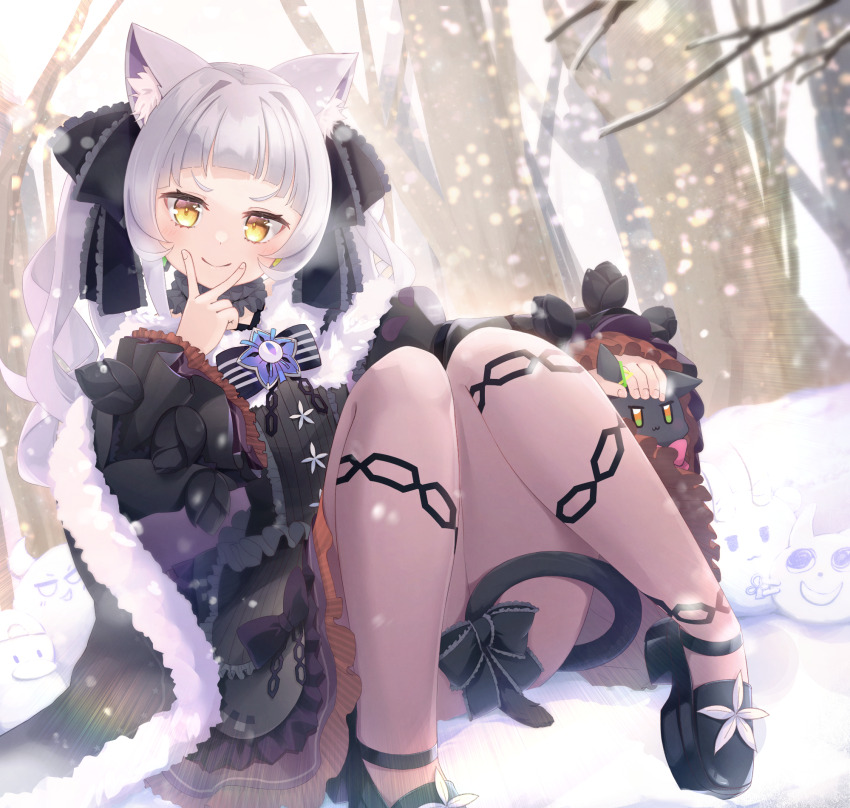 1girl, animal_ears, arched_bangs, bare_tree, black_bonnet, black_dress, black_shoes, bonnet