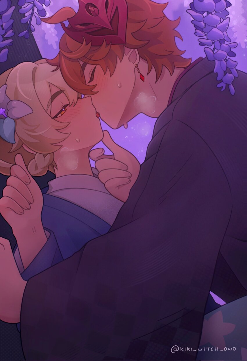 1boy, 1girl, blonde_hair, blush, closed_eyes, commentary, earrings, genshin_impact