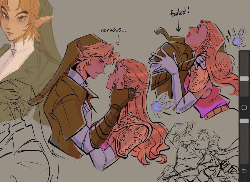 1boy, 1girl, armor, art_program_in_frame, blue_eyes, blush, brown_gloves, circlet