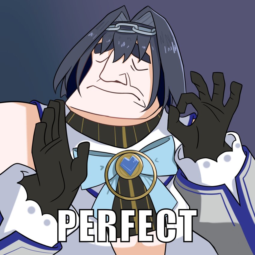 1girl, bare_shoulders, black_gloves, black_hair, blue_bow, bow, closed_eyes, closed_mouth, commentary, detached_sleeves, english_text, facing_viewer, fong_(fongthe0125), gloves, hair_intakes, hashtag-only_commentary, heart, highres, hololive, hololive_english, long_sleeves, meme, ok_sign, ouro_kronii, ouro_kronii_(1st_costume), pacha_(the_emperor's_new_groove), pacha_edits_(meme), shirt, sleeveless, sleeveless_shirt, solo, thick_eyebrows, untranslatable_commentary, upper_body, virtual_youtuber, white_shirt