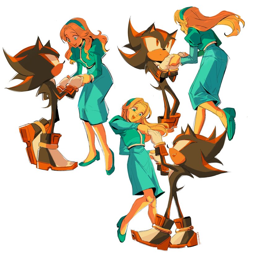 1boy, 1girl, absurdres, aqua_eyes, aqua_hairband, aqua_jacket, aqua_shoes, aqua_skirt