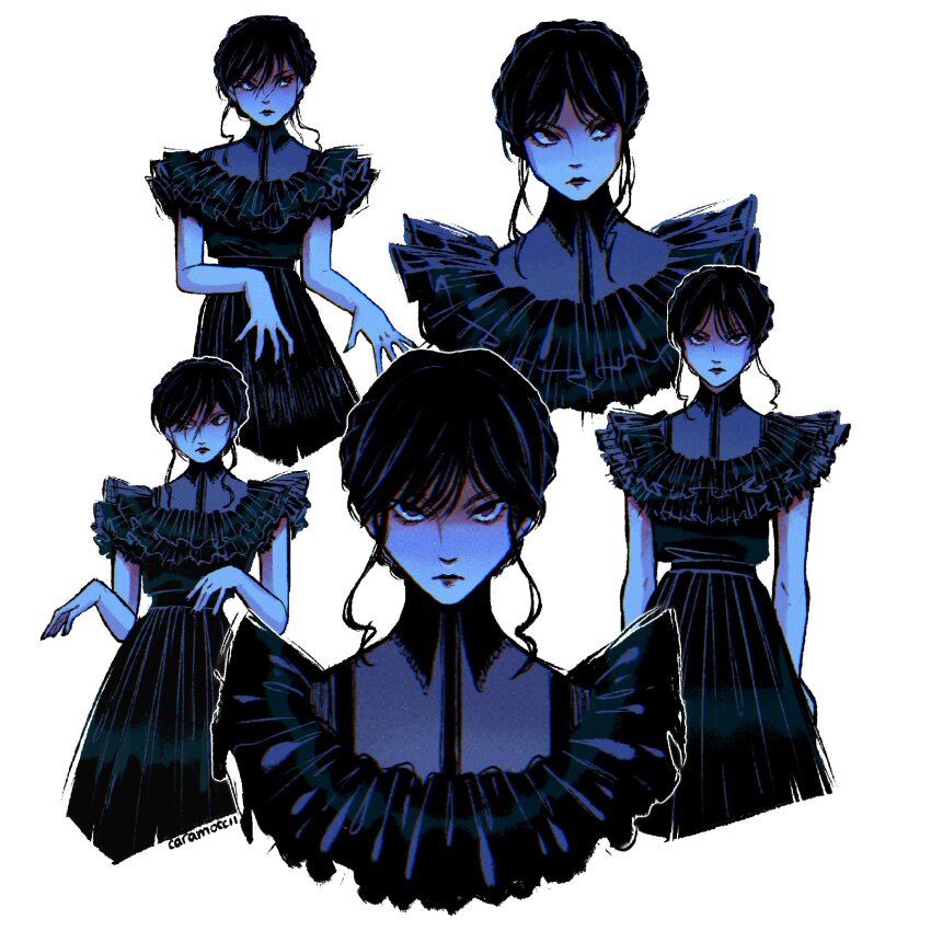 1girl, absurdres, artist_name, black_dress, black_hair, closed_mouth, collared_dress, dress