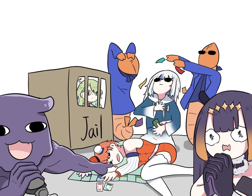 4girls, :d, bare_shoulders, black_dress, black_gloves, blue_hair, blue_hoodie, blue_jacket