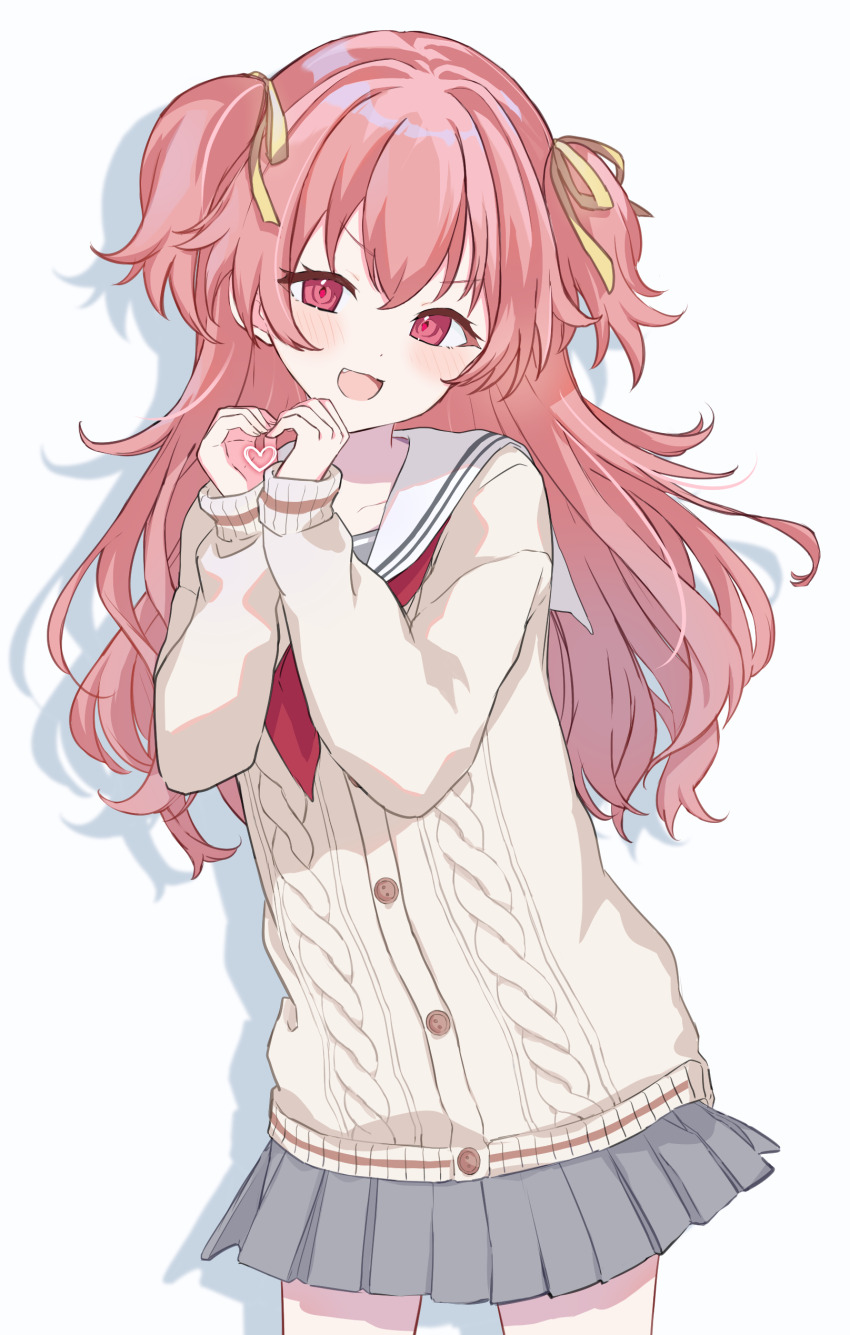 1girl, :d, absurdres, blush, cable_knit, cardigan, collarbone, commentary, contrapposto, cowboy_shot, crossed_bangs, drop_shadow, fang, grey_serafuku, grey_shirt, grey_skirt, hair_ribbon, hands_up, heart, heart_hands, heart_in_heart_hands, highres, long_hair, long_sleeves, looking_at_viewer, miyamasuzaka_girls'_academy_school_uniform, momoi_airi, natsuna_(momomoiro), neckerchief, open_mouth, pink_eyes, pink_hair, pleated_skirt, project_sekai, red_neckerchief, ribbon, sailor_collar, school_uniform, serafuku, shirt, sidelocks, simple_background, skirt, sleeves_past_wrists, smile, solo, standing, two_side_up, white_background, white_sailor_collar, yellow_cardigan, yellow_ribbon