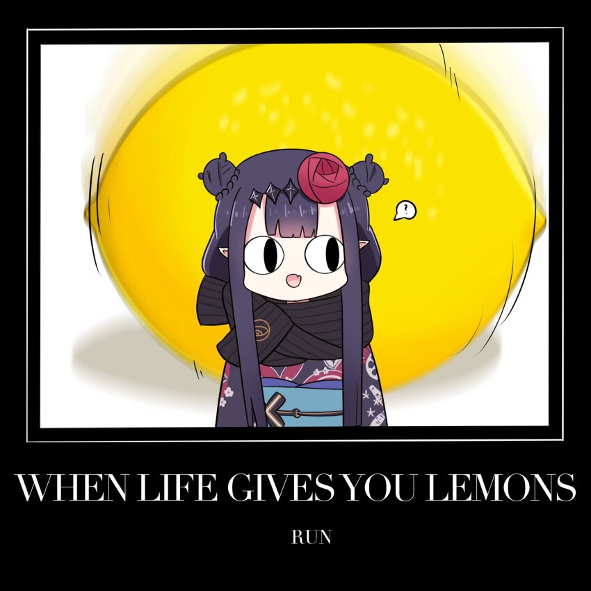 <|>_<|>, 1girl, :d, ?, black_hair, black_kimono, black_scarf, commentary