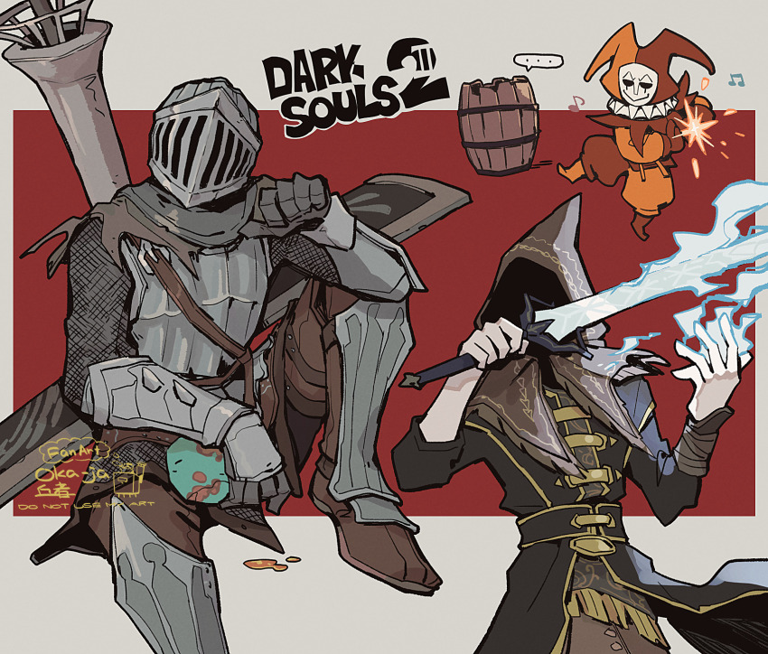 ..., 3boys, armor, armored_boots, armorer_dennis, barrel, black_shirt, boots, breastplate, brown_hood, chainmail, coin, commentary, copyright_name, dark_souls_(series), dark_souls_ii, english_commentary, foot_out_of_frame, grey_background, hat, highres, holding, holding_sword, holding_weapon, holy_knight_aurheim, hood, hood_up, jester, jester_cap, jester_thomas, knight, lance, looking_at_viewer, magic, maldron_the_assassin, male_focus, mask, masked, multiple_boys, okajamira, orange_hat, polearm, red_background, shield, shirt, slit_throat_(gesture), spoken_ellipsis, sword, two-tone_background, weapon