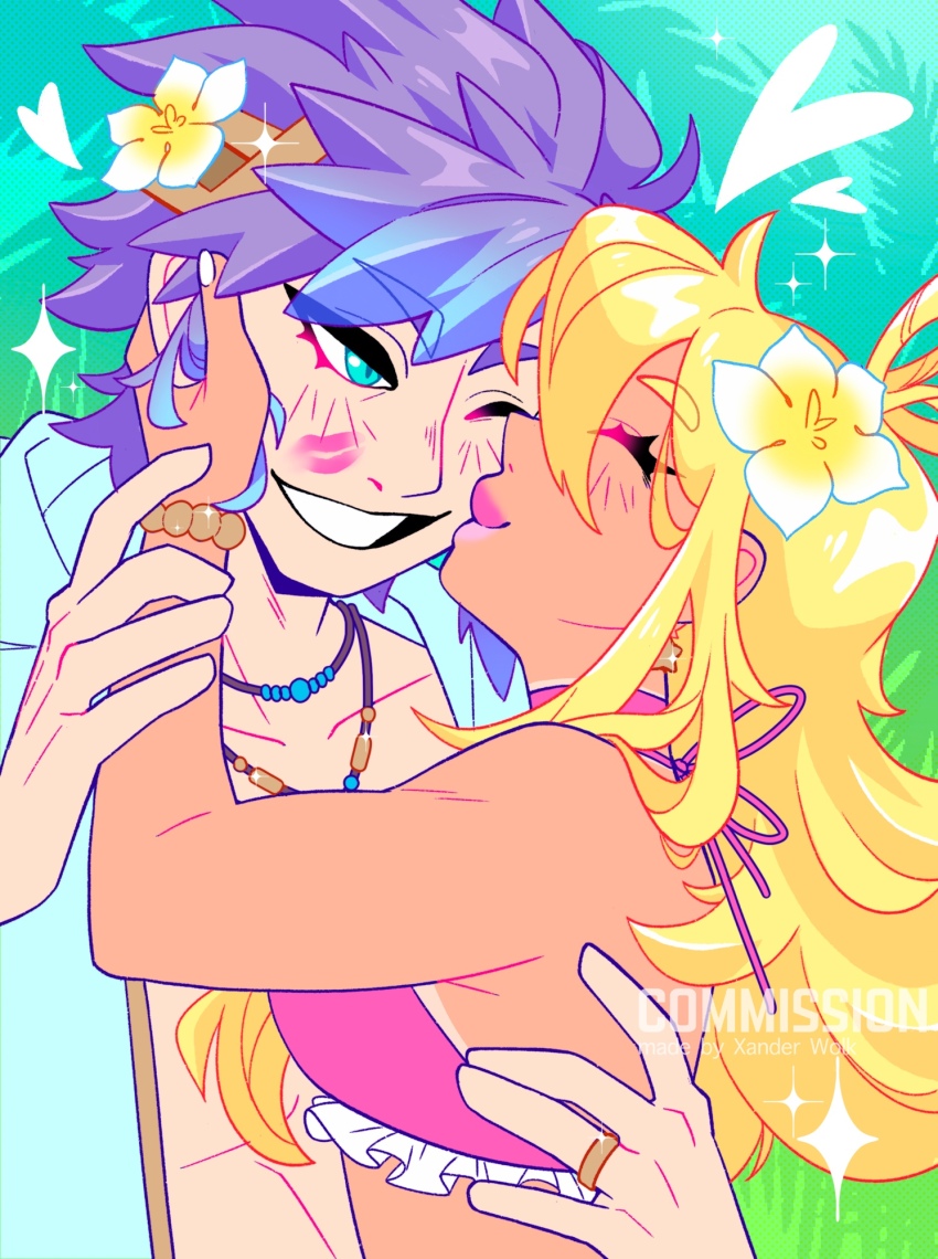 1boy, 1girl, ahoge, blonde_hair, blue_eyes, female_kiran_(fire_emblem), female_kiran_(fire_emblem)_(sky_superdeluxe), fire_emblem, fire_emblem_heroes, flower, hair_flower, hair_ornament, heart, heart_ahoge, highres, hrid_(fire_emblem), hrid_(summer)_(fire_emblem), jewelry, kiran_(fire_emblem), kiss, kissing_cheek, lipstick_mark, nintendo, purple_hair, ring, wedding_ring, xander_wolk