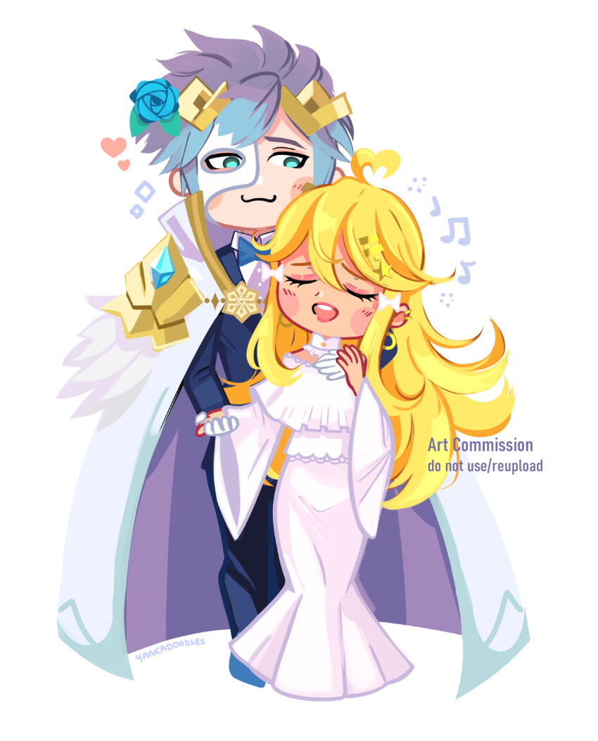 1boy, 1girl, ahoge, blonde_hair, blue_eyes, crossover, dress, english_text, female_kiran_(fire_emblem), female_kiran_(fire_emblem)_(sky_superdeluxe), fire_emblem, fire_emblem_heroes, hand_on_another's_neck, heart, heart_ahoge, highres, holding_hands, hrid_(fire_emblem), kiran_(fire_emblem), music, nintendo, phantom_of_the_opera, purple_hair, singing, star-shaped_hair, tuxedo, white_dress, yancadoodles