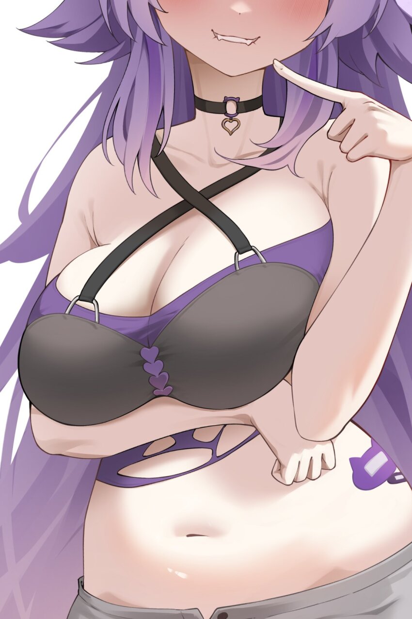 1girl, alternate_breast_size_(larger), alternate_hair_length_(longer), arm_under_breasts, biting_own_lip, black_choker, blush, breasts