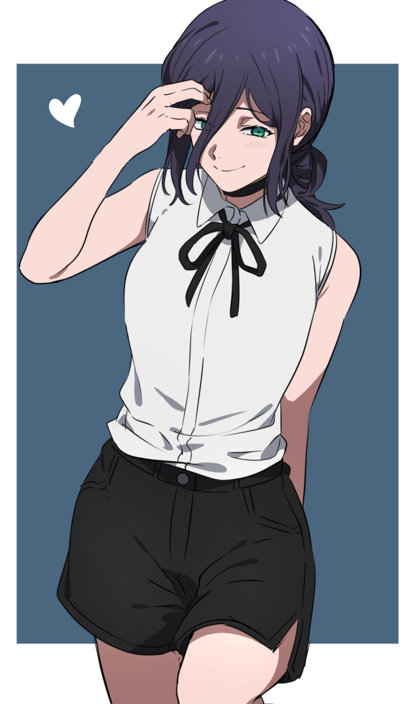 1girl, arm_behind_back, bare_arms, bare_shoulders, black_choker, black_ribbon, black_shorts, border