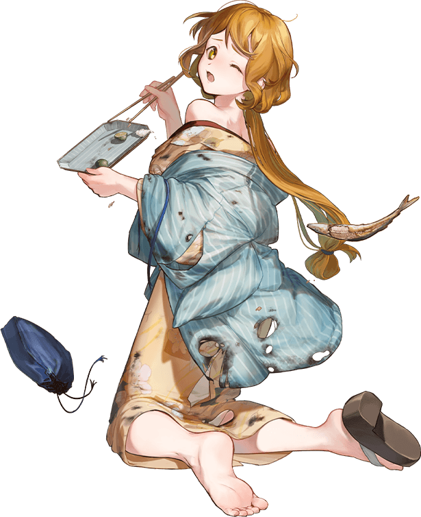 1girl, bag, blue_haori, brown_eyes, brown_hair, burnt_clothes, chopsticks, fish
