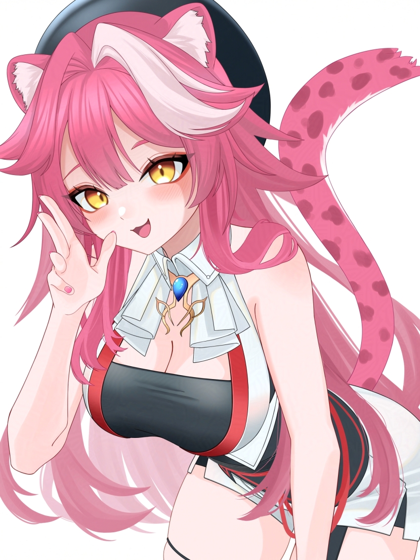 1girl, :3, animal_ears, ascot, bare_shoulders, beret, black_garter_straps, black_hat