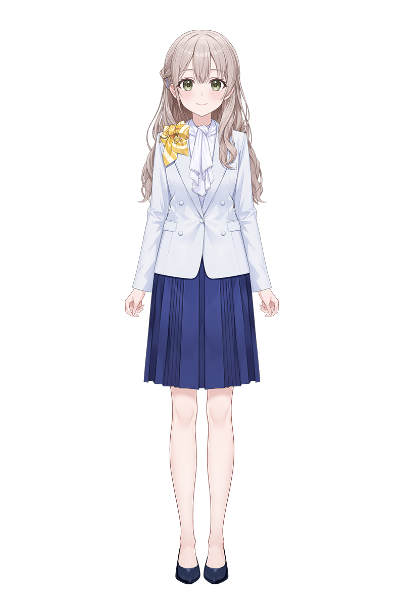 1girl, amagai_tarou, ascot, asymmetrical_hair, black_shoes, blue_skirt, bow, brown_hair, double-parted_bangs, formal_clothes, full_body, hanazono_sayaka, highres, hololive, jacket, lapels, legs, light_blush, long_hair, long_sleeves, looking_at_viewer, medium_skirt, notched_lapels, official_art, pleated_skirt, second-party_source, shoes, skirt, solo, standing, straight-on, suit, suit_jacket, tachi-e, transparent_background, virtual_youtuber, white_ascot, white_suit, yellow_bow