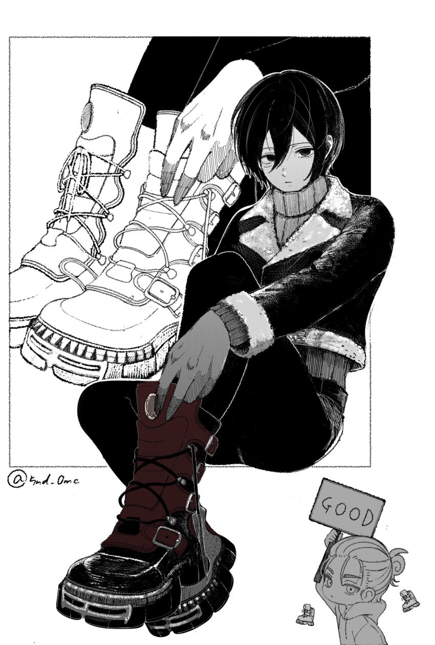 1boy, 1girl, 5nd_0mc, adjusting_footwear, black_hair, black_jacket, black_pants, boots, chibi, chibi_inset, eren_yeager, facial_scar, full_body, fur-trimmed_jacket, fur_trim, hair_between_eyes, hair_bun, highres, holding, holding_sign, jacket, mikasa_ackerman, pants, scar, scar_on_cheek, scar_on_face, shingeki_no_kyojin, short_hair, sign, sitting, spot_color, sweater, turtleneck, turtleneck_sweater, twitter_username, white_background