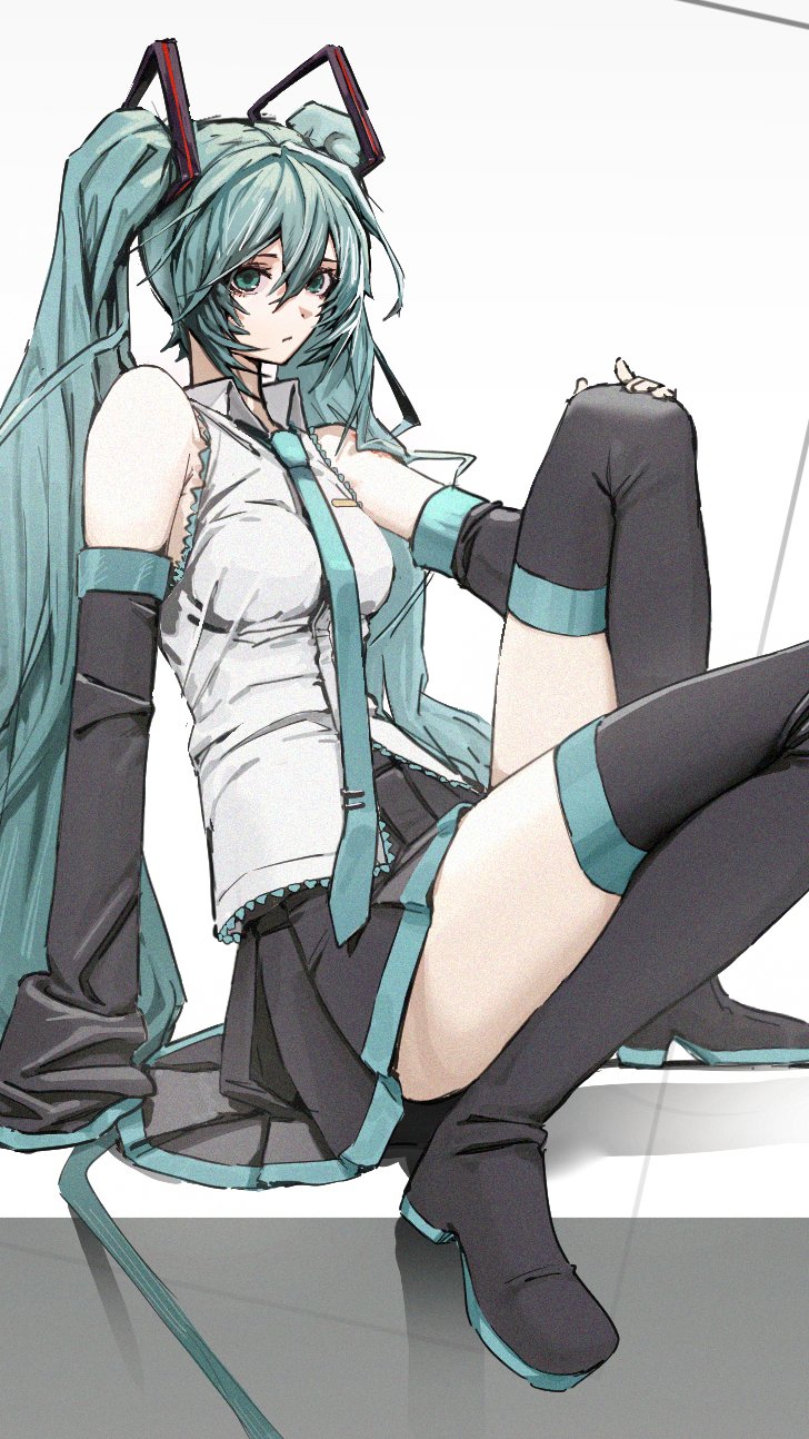 1girl, aqua_eyes, aqua_hair, aqua_necktie, aqua_trim, arm_support, bare_shoulders, black_boots