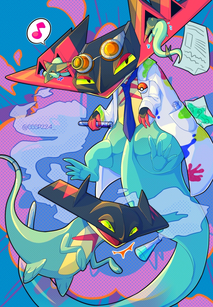 >_<, animal_focus, beaker, blue_necktie, cccp224, closed_eyes, clothed_pokemon, commentary_request