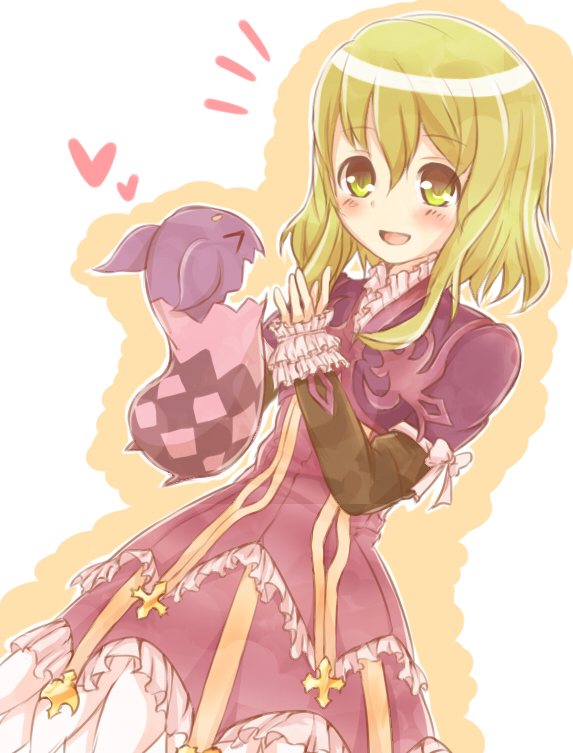 1girl, blonde_hair, doll, elize_lutus, green_eyes, long_hair, nanaribon, smile