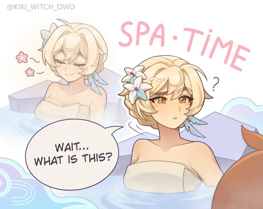 1boy, ?, blonde_hair, breasts, closed_eyes, english_text, genshin_impact, hair_bun