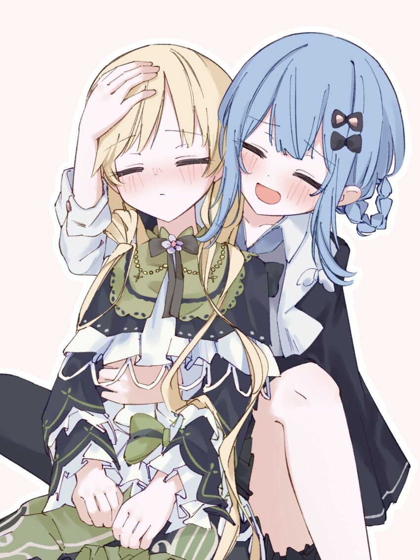 2girls, behind_another, black_capelet, blonde_hair, blue_hair, blush, braid, braided_hair_rings