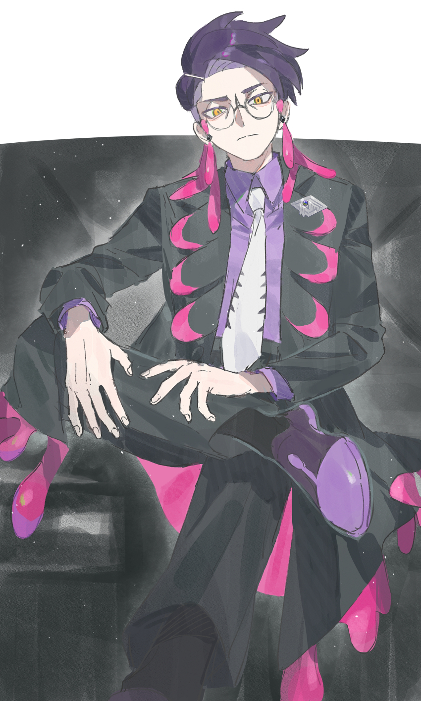 1boy, absurdres, black_jacket, black_pants, black_socks, corbeau_(pokemon), crossed_legs, formal_clothes