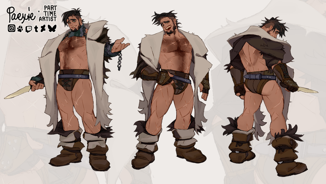 1boy, abs, ass, beard, boots, brown_hair, coat, cross-laced_clothes