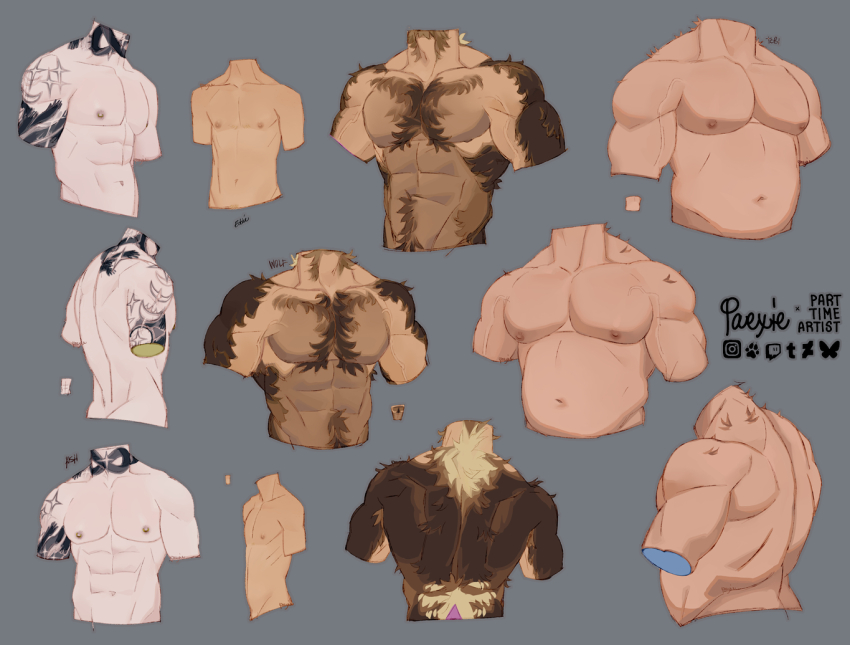 4boys, abs, anatomy, arm_tattoo, back_muscles, bara, belly, body_fur, colored_skin, headless, large_pectorals, male_focus, multiple_boys, muscular, muscular_male, navel, nipples, original, paexie, pectorals, shaved_body, shredded_muscles, skinny, strongman_waist, tattoo, thick_navel_hair, torso_only, v-taper, veins, veiny_arms, veiny_pectorals, white_skin, wolf_(paexie)