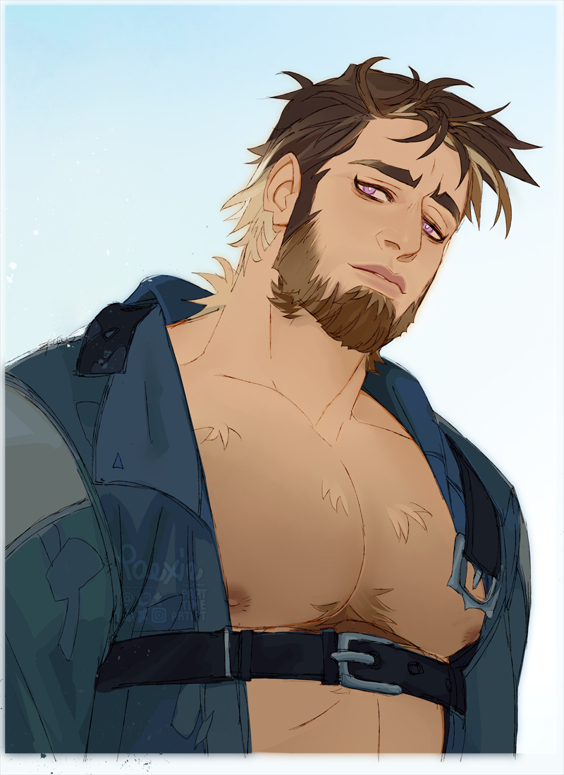 1boy, bara, bare_pectorals, beard, belt, body_fur, brown_hair, chest_belt