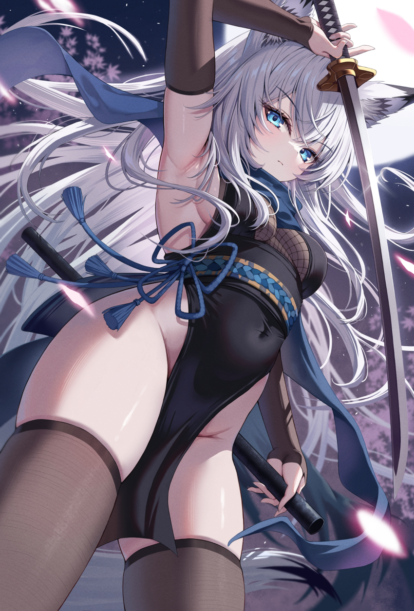 animal_ears, arm_up, armpits, azur_lane, blue_eyes, blue_sash, blue_scarf, breasts, chokutou, covered_navel, crossed_bangs, dress, elbow_gloves, expressionless, fishnets, fox_ears, fox_girl, fox_tail, gloves, highleg, highleg_dress, highres, holding, holding_sheath, holding_sword, holding_weapon, katana, kawakaze_(azur_lane), kawakaze_(guardian_fox_forever_loyal)_(azur_lane), long_hair, looking_at_viewer, ninja, official_alternate_costume, pelvic_curtain, sash, scarf, sheath, sideboob, sword, tail, thighhighs, tingin_ee, tsuba_(guard), weapon, white_hair