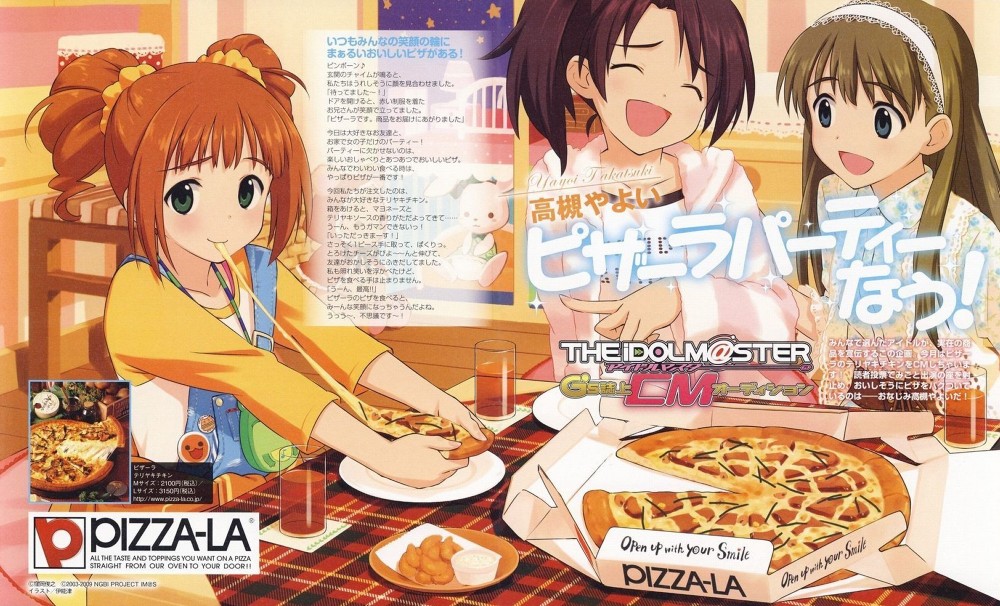 10s, 3girls, :d, ^_^, blush, cheese, cheese_trail, closed_eyes