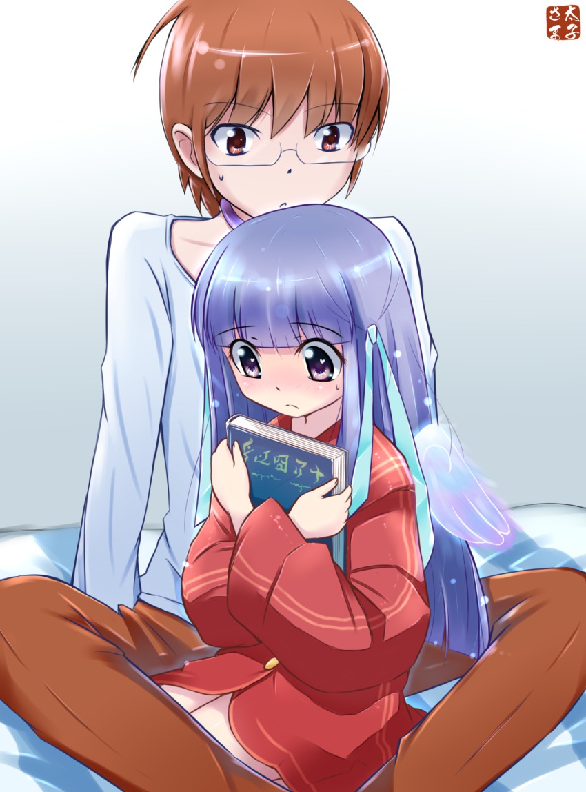 1boy, 1girl, beckitach, blush, book, brown_eyes, brown_hair, choker, colorized, glasses, halo, highres, kami_nomi_zo_shiru_sekai, katsuragi_keima, long_hair, minerva_(kaminomi), purple_eyes, purple_hair, spoilers, wakaki_tamiki, wings
