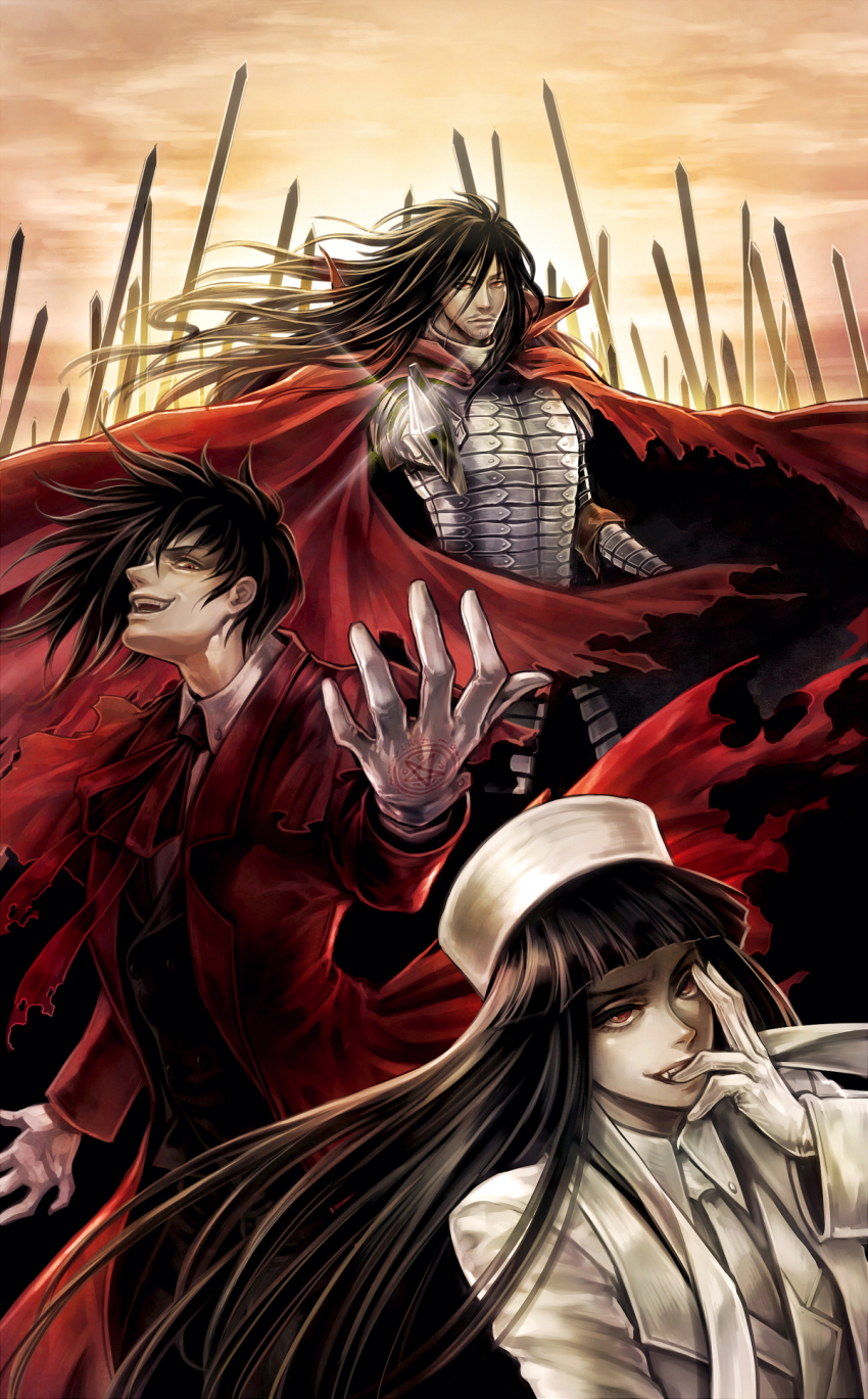 1girl, 2boys, alucard_(hellsing), armor, beard, black_hair, cape, coat