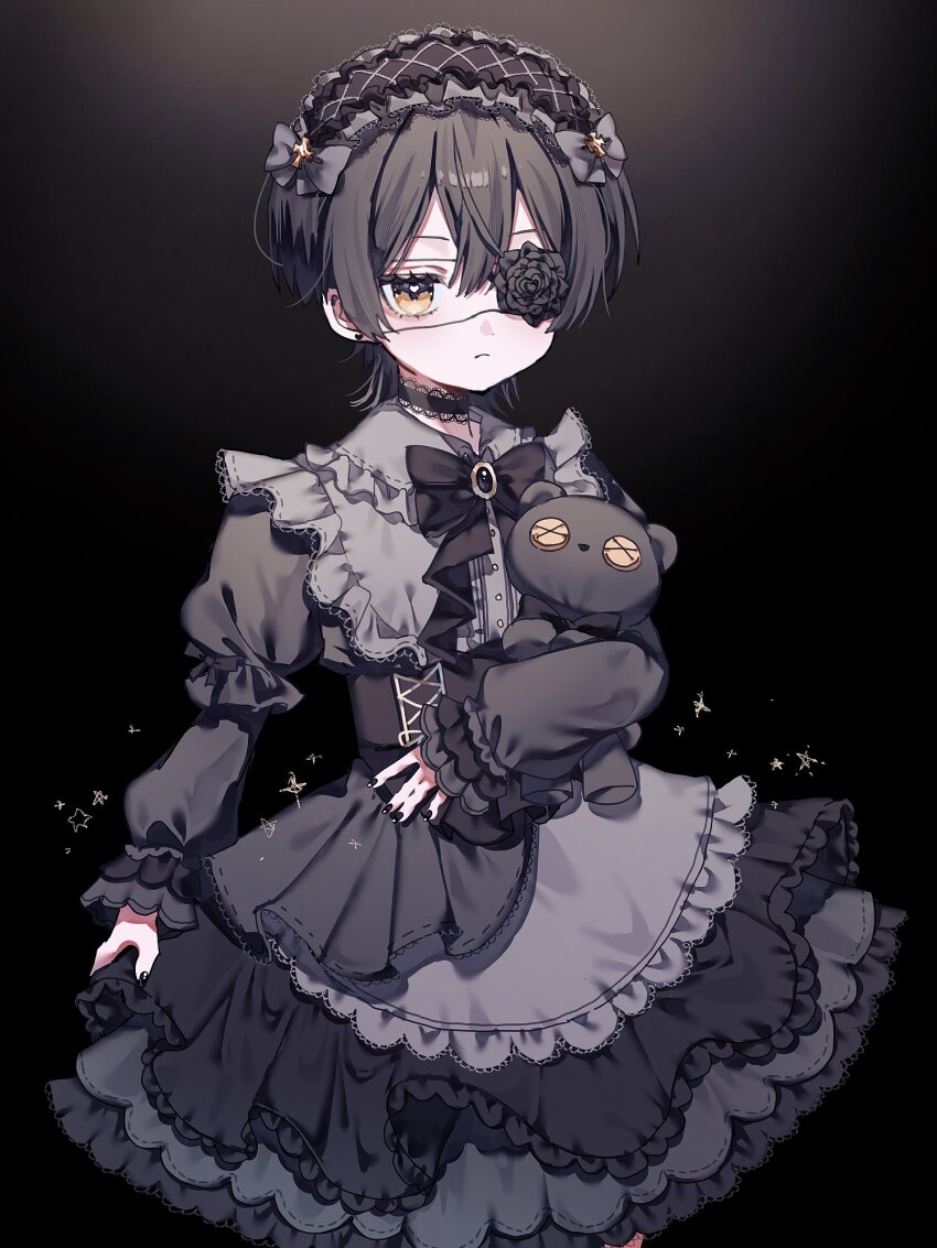 1boy, accurate_lolita_coord, black_background, black_bow, black_dress, black_gem, black_hair, black_hairband