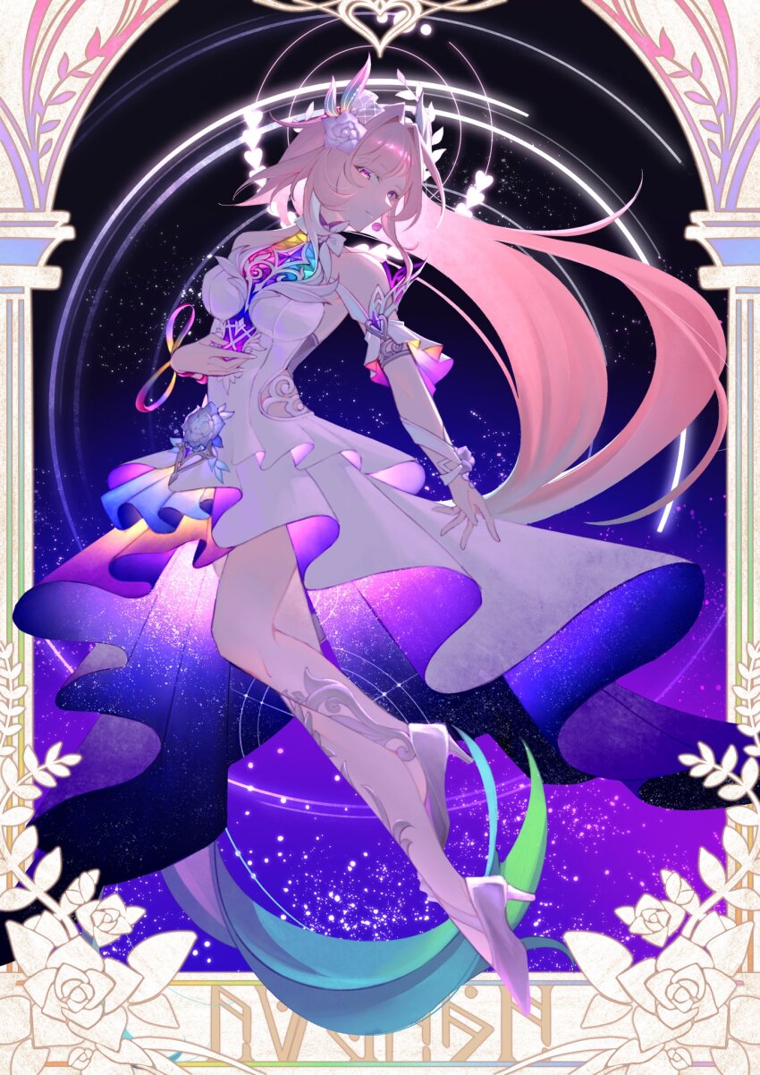1girl, areiaqaq, bare_shoulders, breasts, commentary, cyrene_(honkai:_star_rail), cyrene_(demiurge)_(honkai:_star_rail), dress, english_commentary, flower, full_body, hair_flower, hair_ornament, halo, high_heels, highres, honkai:_star_rail, honkai_(series), long_hair, looking_at_viewer, medium_breasts, multicolored_hair, pink_hair, purple_eyes, solo, two-tone_hair, very_long_hair, white_dress, white_hair