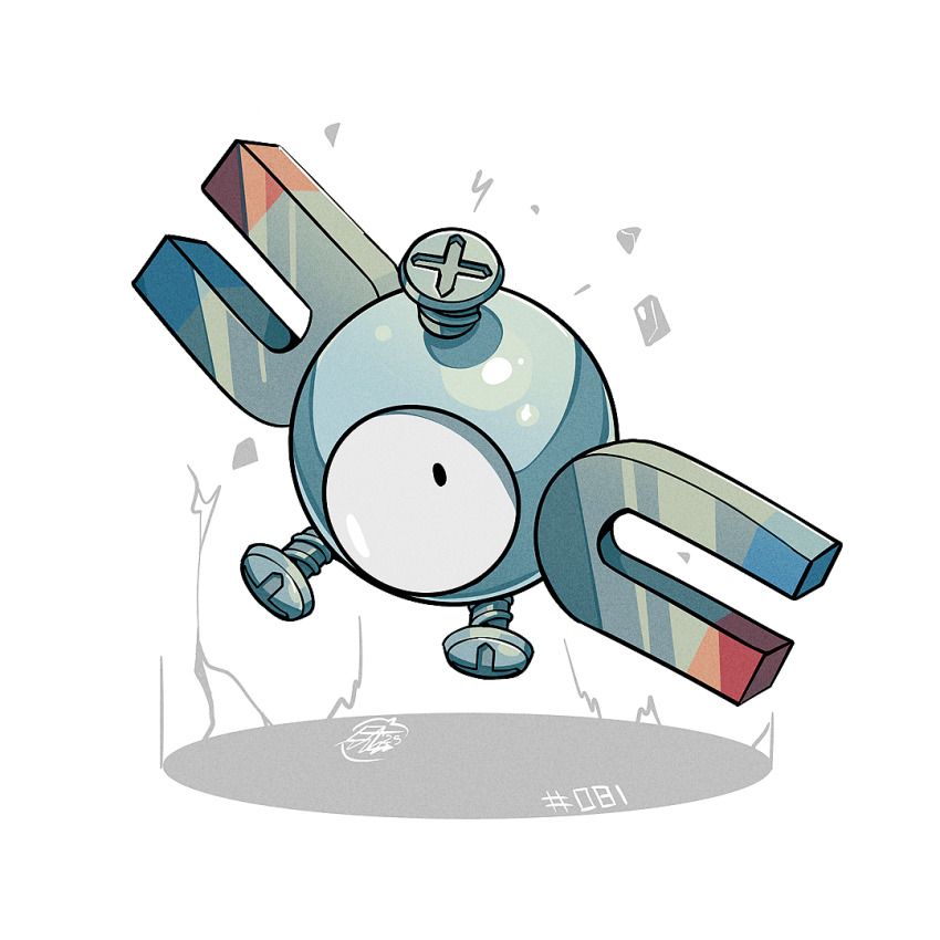 full_body, gen_1_pokemon, looking_at_viewer, magnemite, magnet, mistray-art, nintendo, no_humans, pokemon, pokemon_(creature), screw, signature, simple_background, solo, white_background