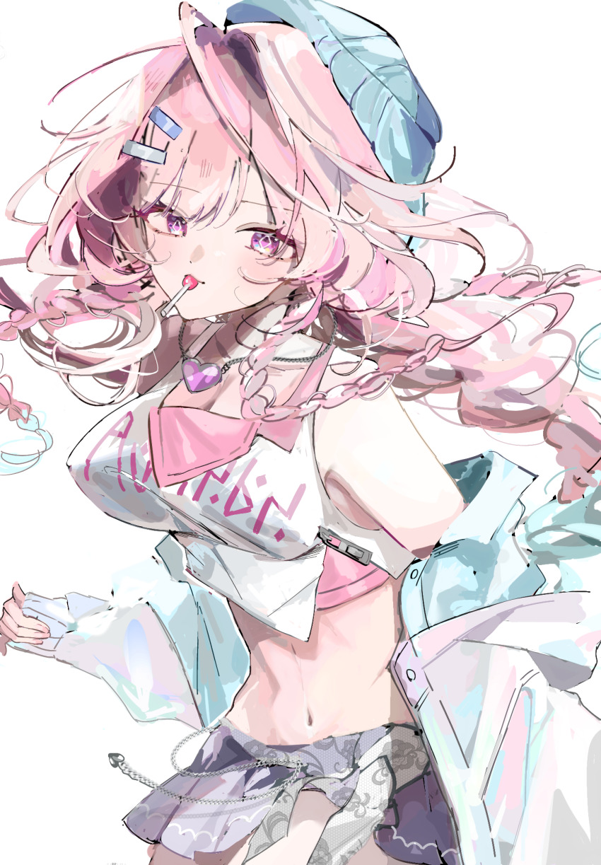 1girl, blue_hat, blue_jacket, breasts, clothes_writing, commentary_request, crop_top, cyrene_(demiurge)_(honkai:_star_rail)