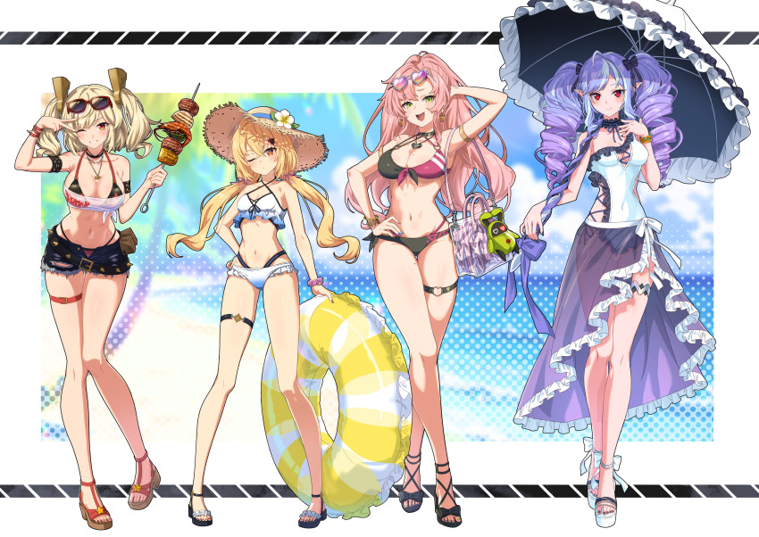 4girls, absurdres, ahoge, alternate_costume, amillion_(zenless_zone_zero), anklet, arm_behind_head, arm_up
