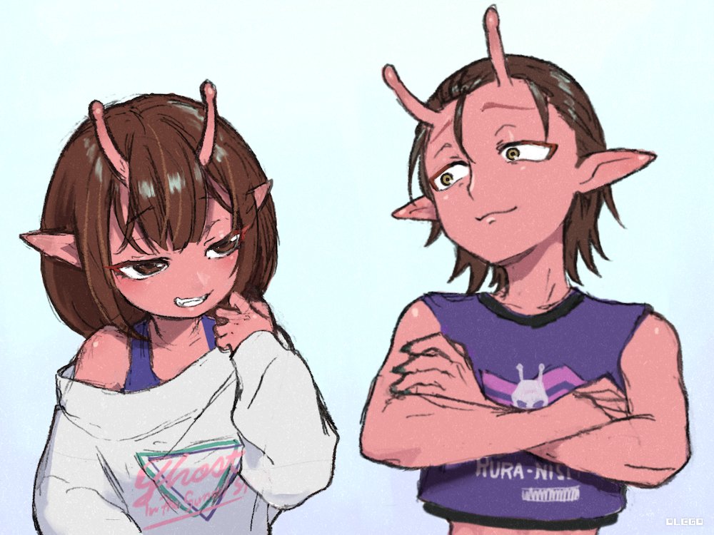 1boy, 1girl, bob_cut, brown_hair, closed_mouth, collarbone, colored_skin, crop_top