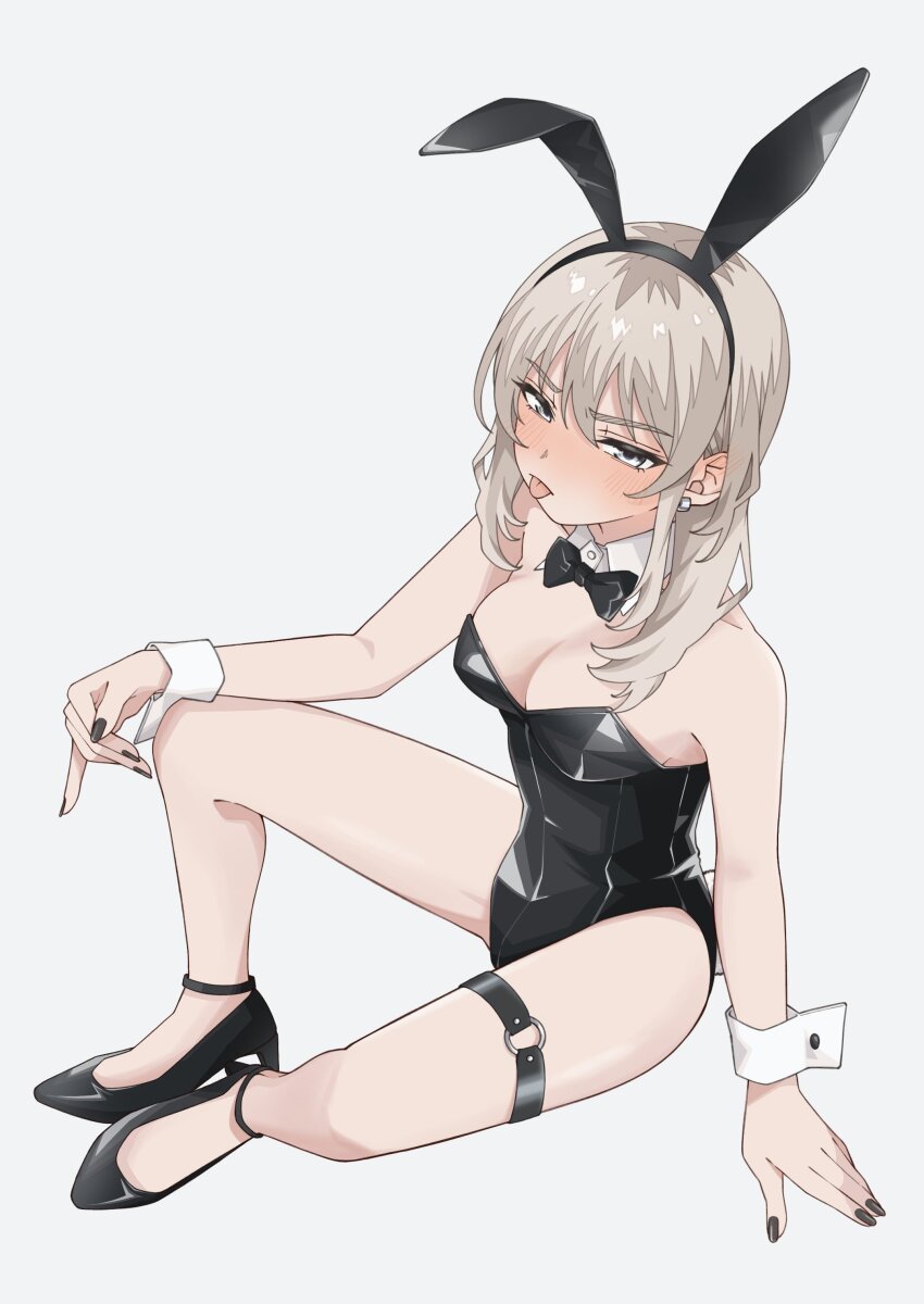 absurdres, animal_ears, bare_shoulders, blonde_hair, breasts, cleavage, commission, girls_band_cry, high_heels, highres, kawaragi_momoka, long_hair, medium_breasts, nail_polish, playboy_bunny, rabbit_ears, rabbit_tail, skeb_commission, tail, thighs, wabe417