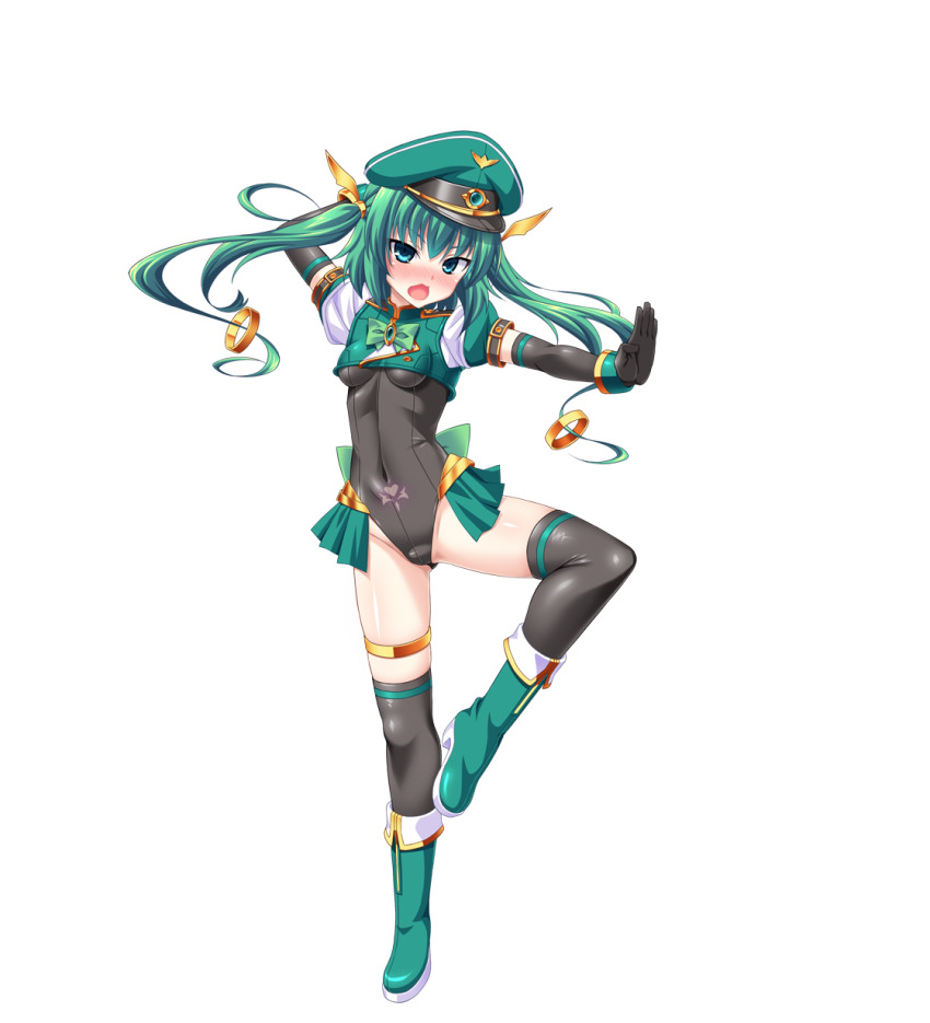 1girl, aoi_masami, aqua_eyes, black_gloves, black_thighhighs, blush, boots, breasts