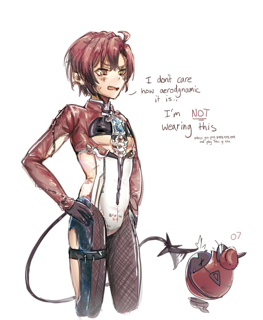 1boy, ahoge, blush, cleavage_cutout, clothing_cutout, cowboy_shot, english_text, gloves, hand_on_own_hip, highres, holostars, holostars_english, leotard, machina_x_flayon, machiroon_(machina_x_flayon), male_focus, nu_carnival, ogyuu_art, open_mouth, pantyhose, red_hair, short_hair, simple_background, solo, standing, sweat, tail, white_background