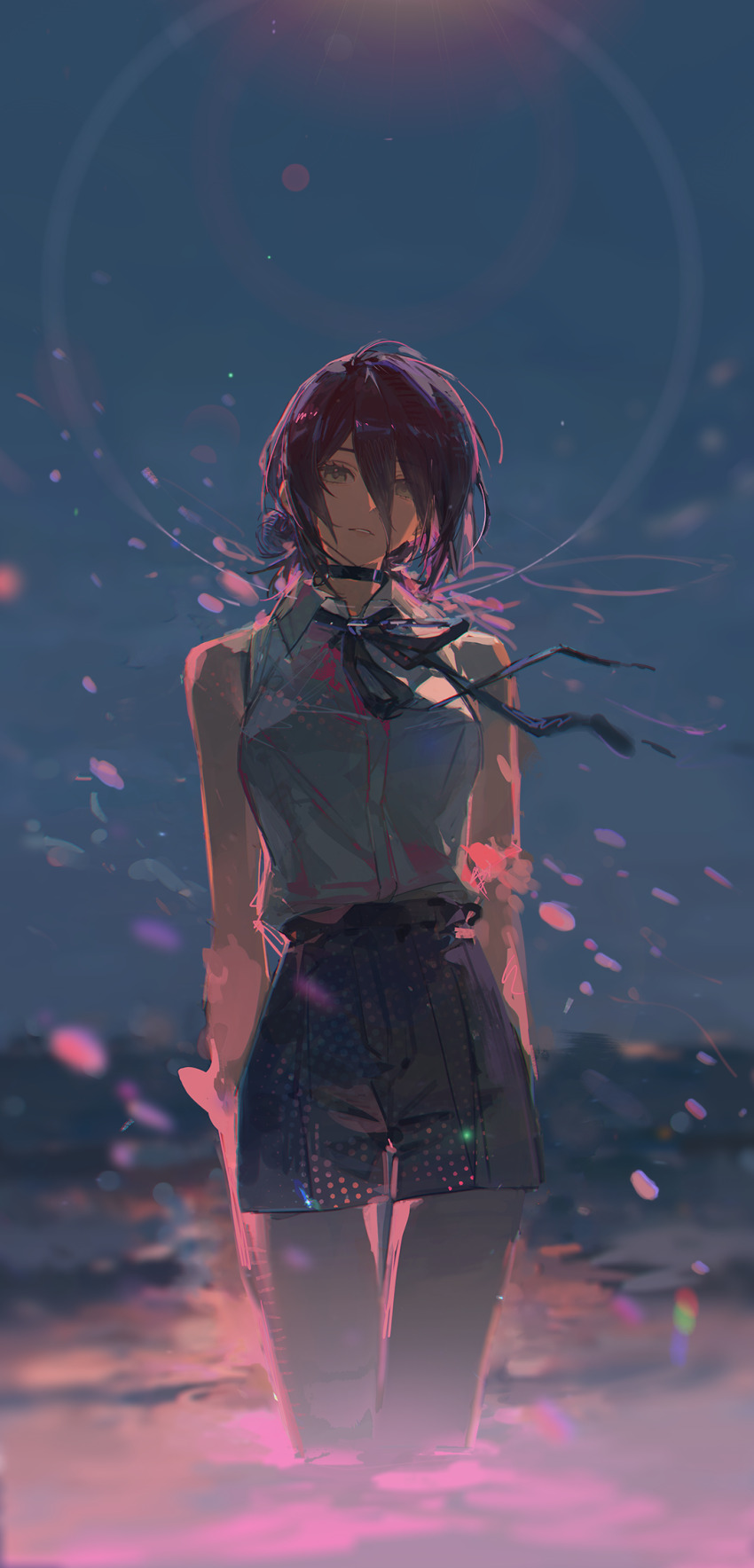 1girl, black_choker, black_ribbon, black_shorts, chainsaw_man, choker, commentary, doveop, grenade_pin, grey_eyes, grey_shirt, hair_between_eyes, hair_bun, highres, looking_at_viewer, neck_ribbon, purple_hair, reze_(chainsaw_man), ribbon, shirt, shorts, sleeveless, sleeveless_shirt, solo