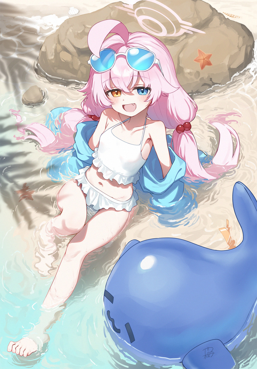 1girl, :3, :d, ahoge, bare_shoulders, barefoot, beach, bikini, blue-tinted_eyewear, blue_archive, blue_jacket, blush, breasts, collarbone, commentary_request, dot_nose, eyewear_on_head, fang, feet, frilled_bikini, frills, hair_between_eyes, hair_bobbles, hair_ornament, halo, heterochromia, highres, hoshino_(blue_archive), hoshino_(swimsuit)_(blue_archive), huge_ahoge, inflatable_toy, inflatable_whale, jacket, jacket_partially_removed, knee_up, loli, long_hair, looking_at_viewer, low_twintails, lying_on_grass, navel, off_shoulder, official_alternate_costume, open_clothes, open_jacket, open_mouth, outdoors, partially_submerged, pink_hair, pink_halo, seashell, shell, sitting, small_breasts, smile, solo, starfish, sunglasses, swimsuit, thighs, tinted_eyewear, toes, twintails, very_long_hair, wagashi928, white-framed_eyewear, white_bikini
