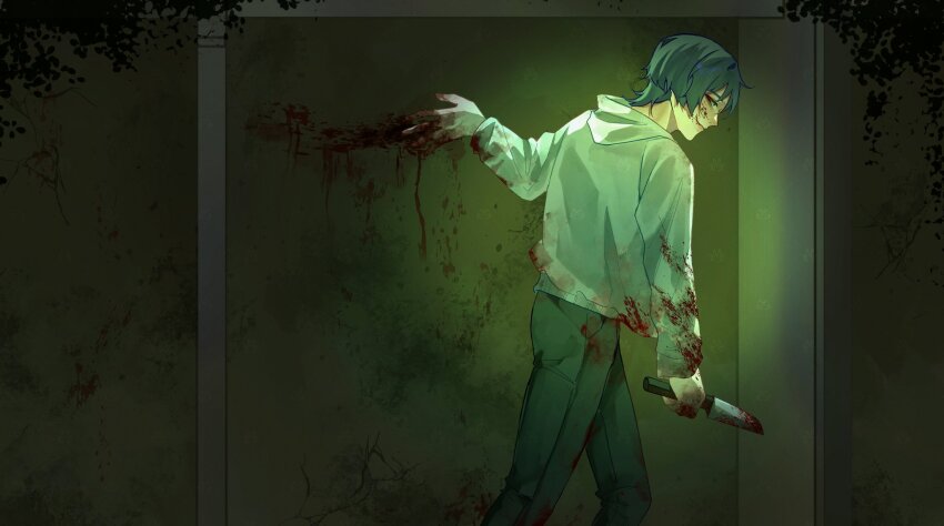 1boy, alternate_costume, arm_at_side, blood, blood_on_clothes, blood_on_hands, blood_on_wall, bloody_weapon