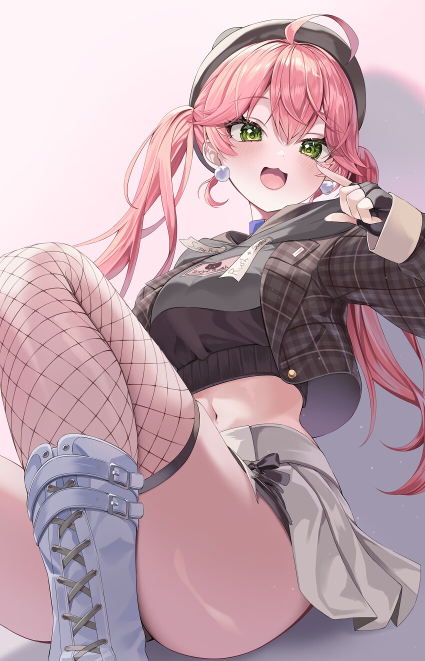 1girl, :d, absurdres, ahoge, beret, black_gloves, black_hat, blue_choker, boots, breasts, brown_jacket, choker, commentary, cropped_hoodie, double-parted_bangs, earrings, fingerless_gloves, gloves, green_eyes, grey_hoodie, grey_skirt, hair_between_eyes, hat, highres, hololive, hood, hoodie, huge_breasts, jacket, jewelry, knee_boots, knees_up, large_breasts, long_hair, looking_at_viewer, mi_ke0224, midriff, miniskirt, navel, official_alternate_costume, official_alternate_hairstyle, open_mouth, pink_hair, plaid_clothes, plaid_jacket, pleated_skirt, pom_pom_(clothes), pom_pom_earrings, sakura_miko, sakura_miko_(micomet), simple_background, single_fishnet_legwear, single_thighhigh, sitting, skirt, smile, solo, thick_thighs, thighhighs, thighs, twintails, untranslatable_commentary, virtual_youtuber, white_boots